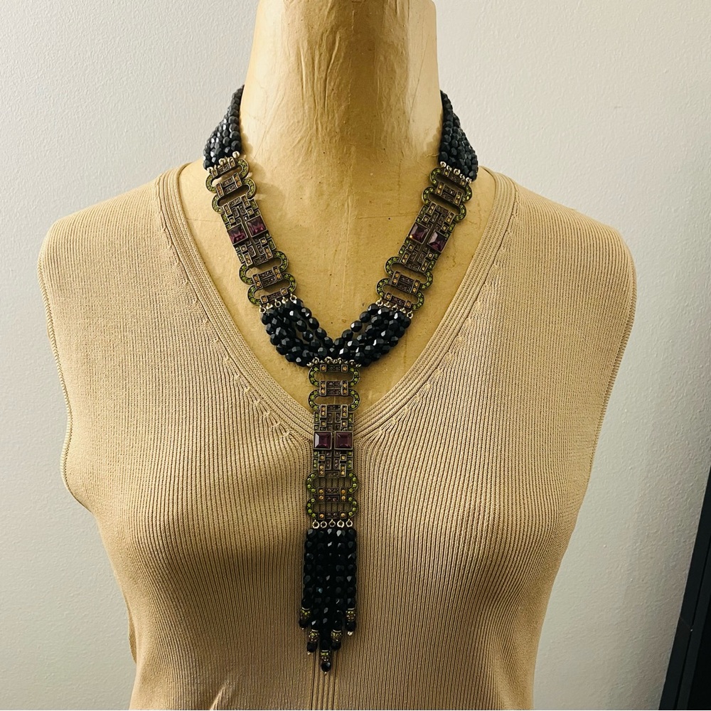 Heidi Daus Multicolor Swarovski Crystals Facetted Black Glass Strands Necklace